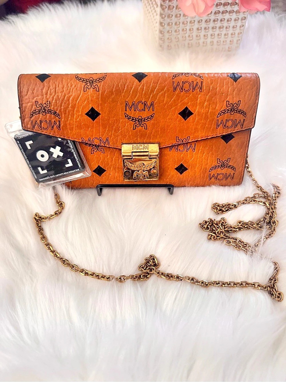 MCM Patricia Visetos Flap Wallet on Chain Brown